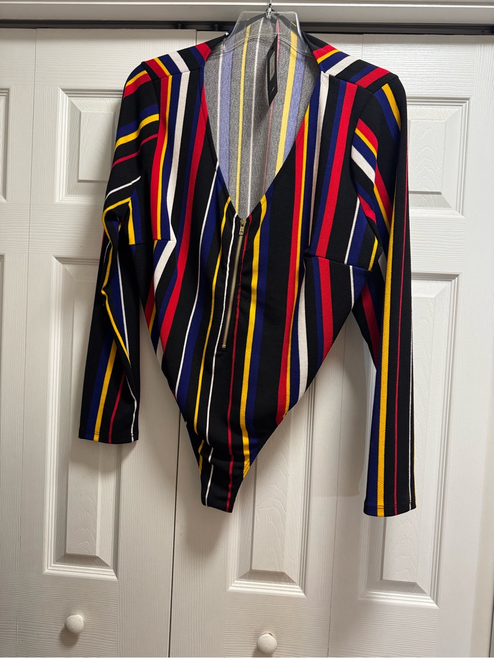 Fashion Nova Black Multi-Stripe V-Neck Long Sleeve Bodysuit
